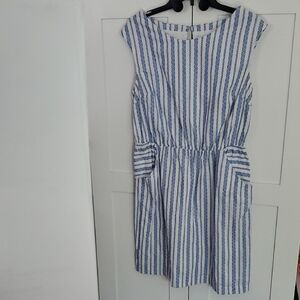Striped Blue and White Dress with Waist Detail